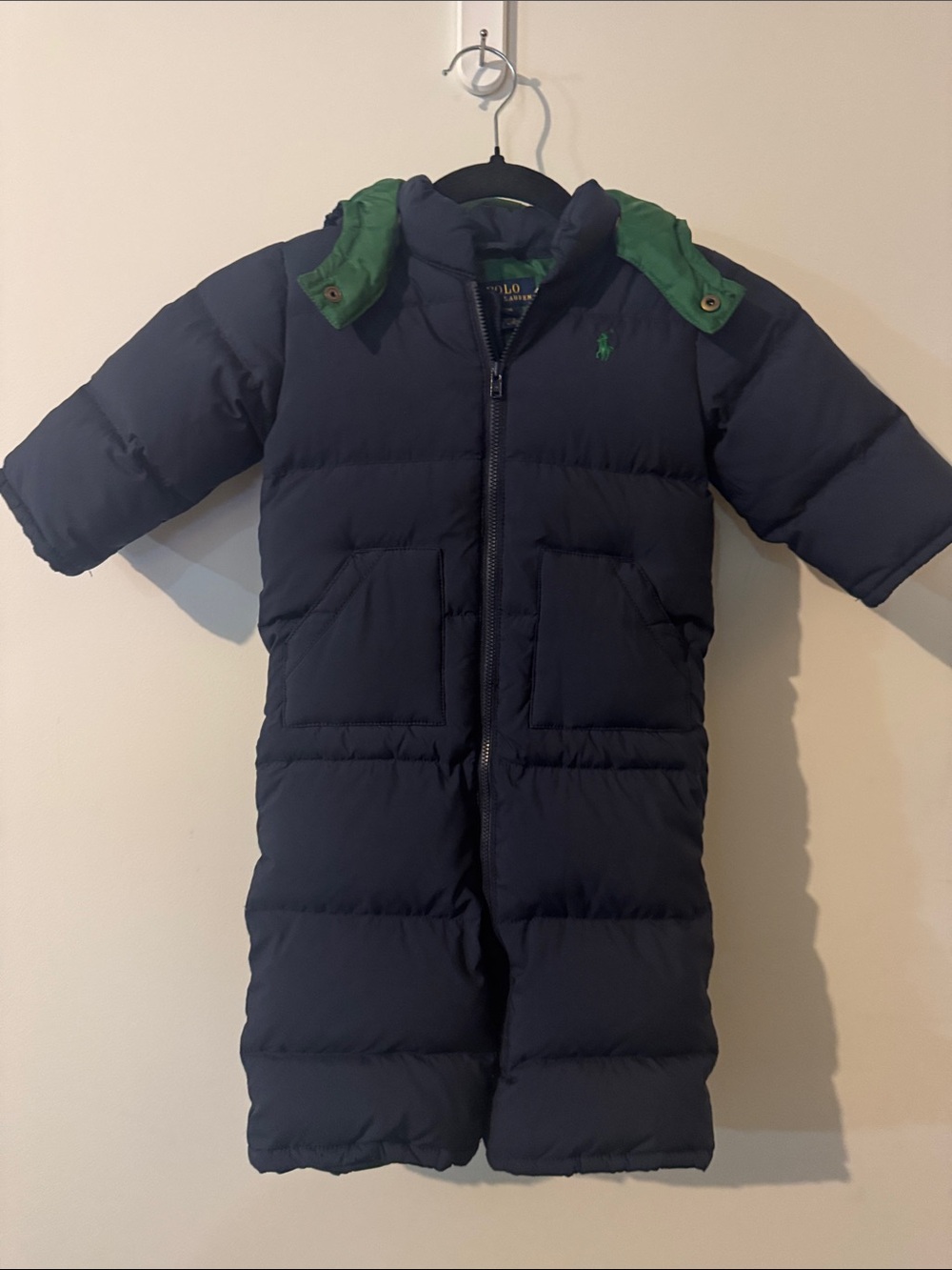Polo by Ralph Lauren Navy Puffer Snowsuit with Green Hood Trim